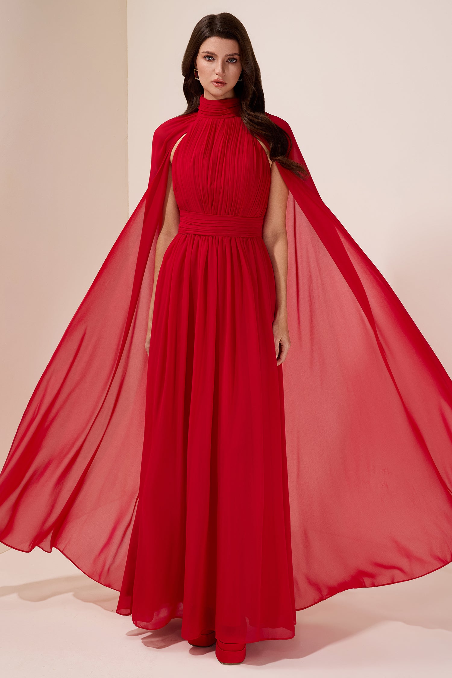 Chiffon Pleated Cape Sleeve Maxi Dress