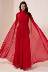 Chiffon Pleated Cape Sleeve Maxi Dress
