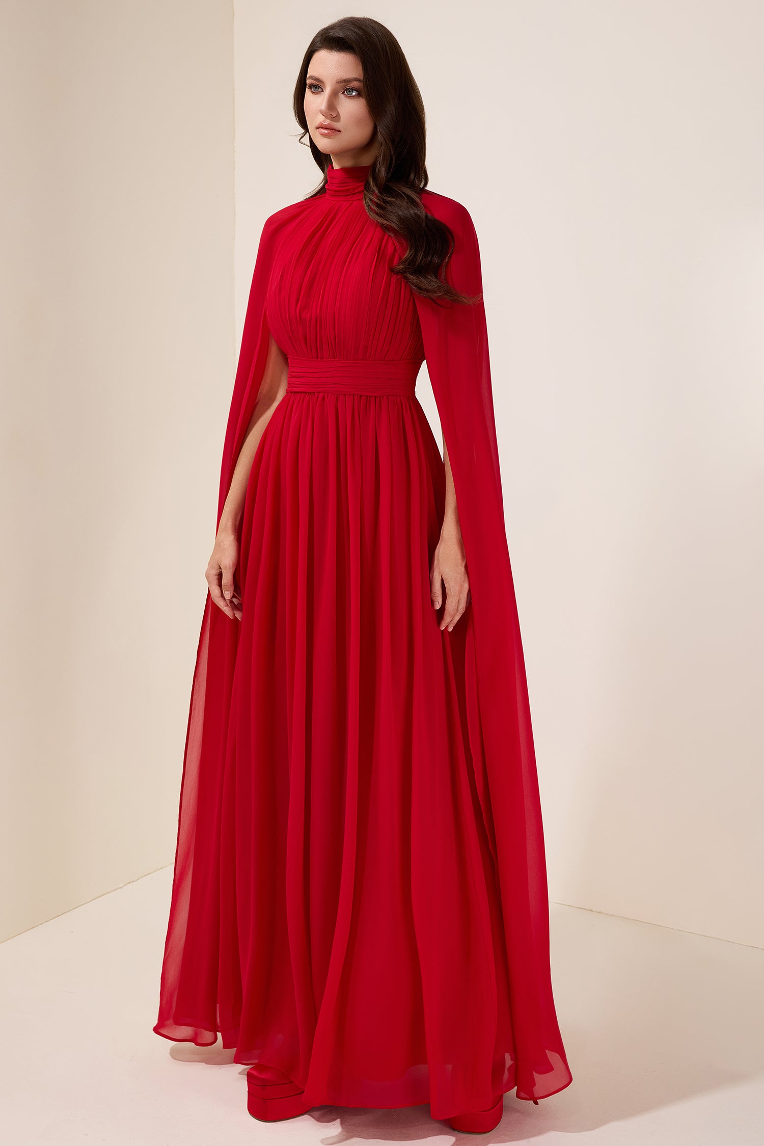 Chiffon Pleated Cape Sleeve Maxi Dress