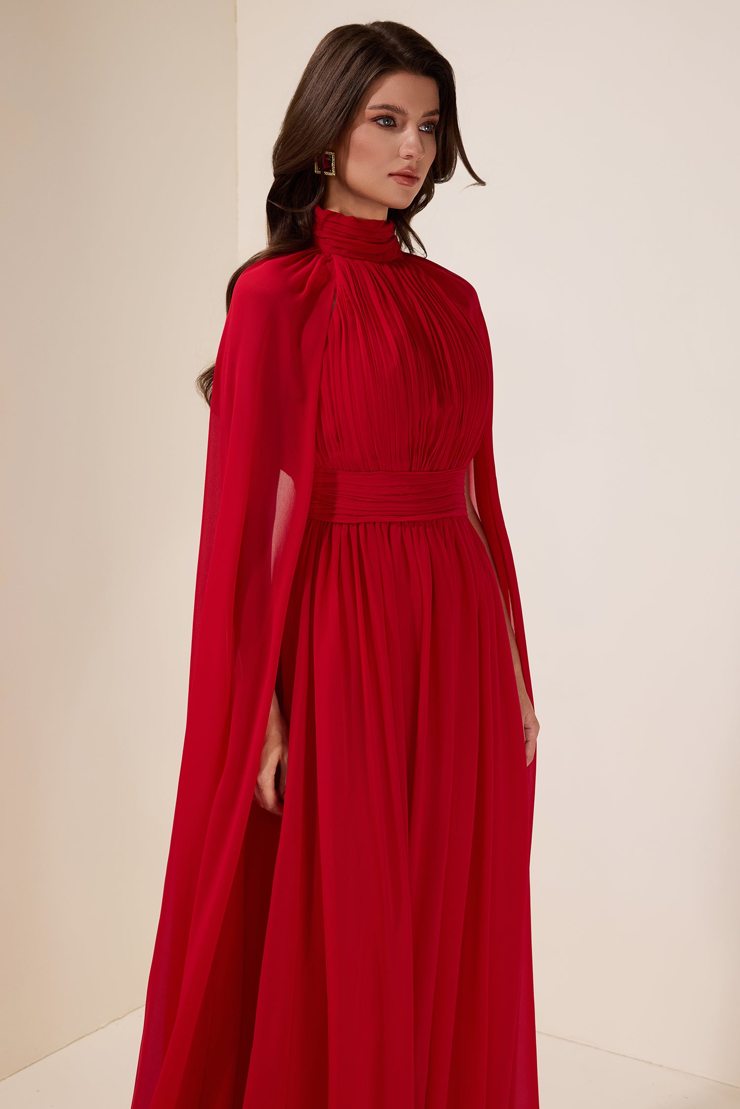 Chiffon Pleated Cape Sleeve Maxi Dress