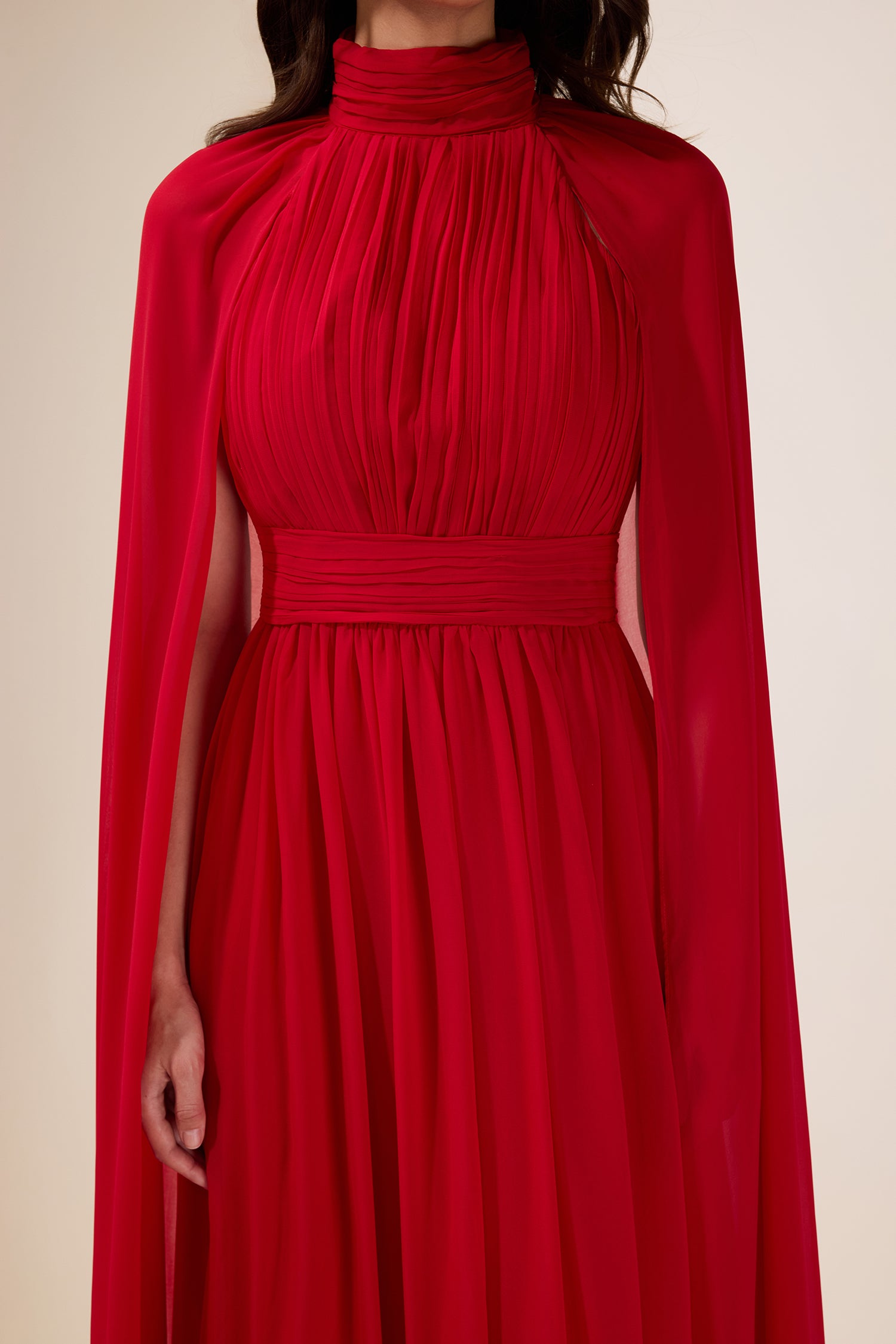 Chiffon Pleated Cape Sleeve Maxi Dress