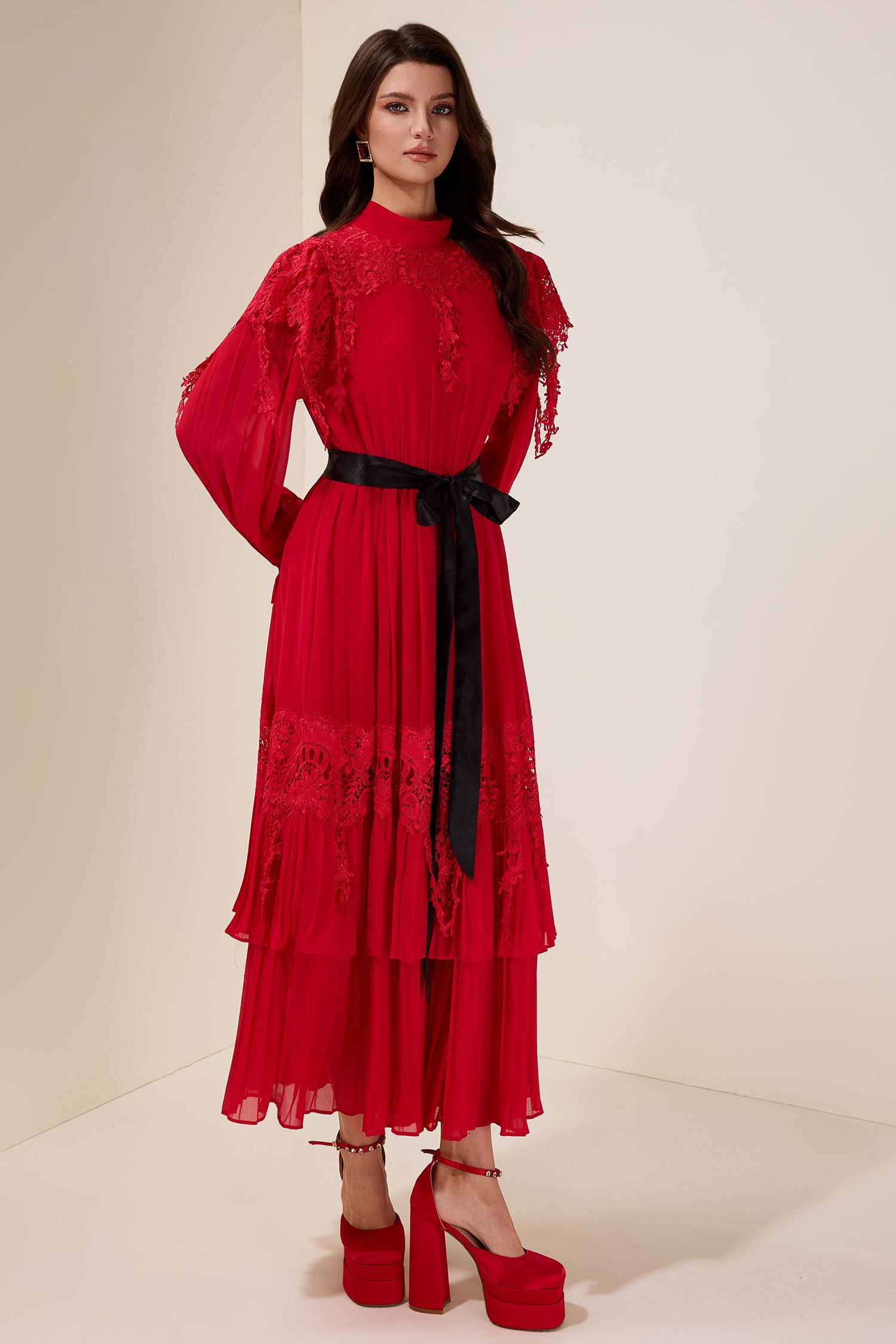 Lace Splicing Maxi Dress With Belt