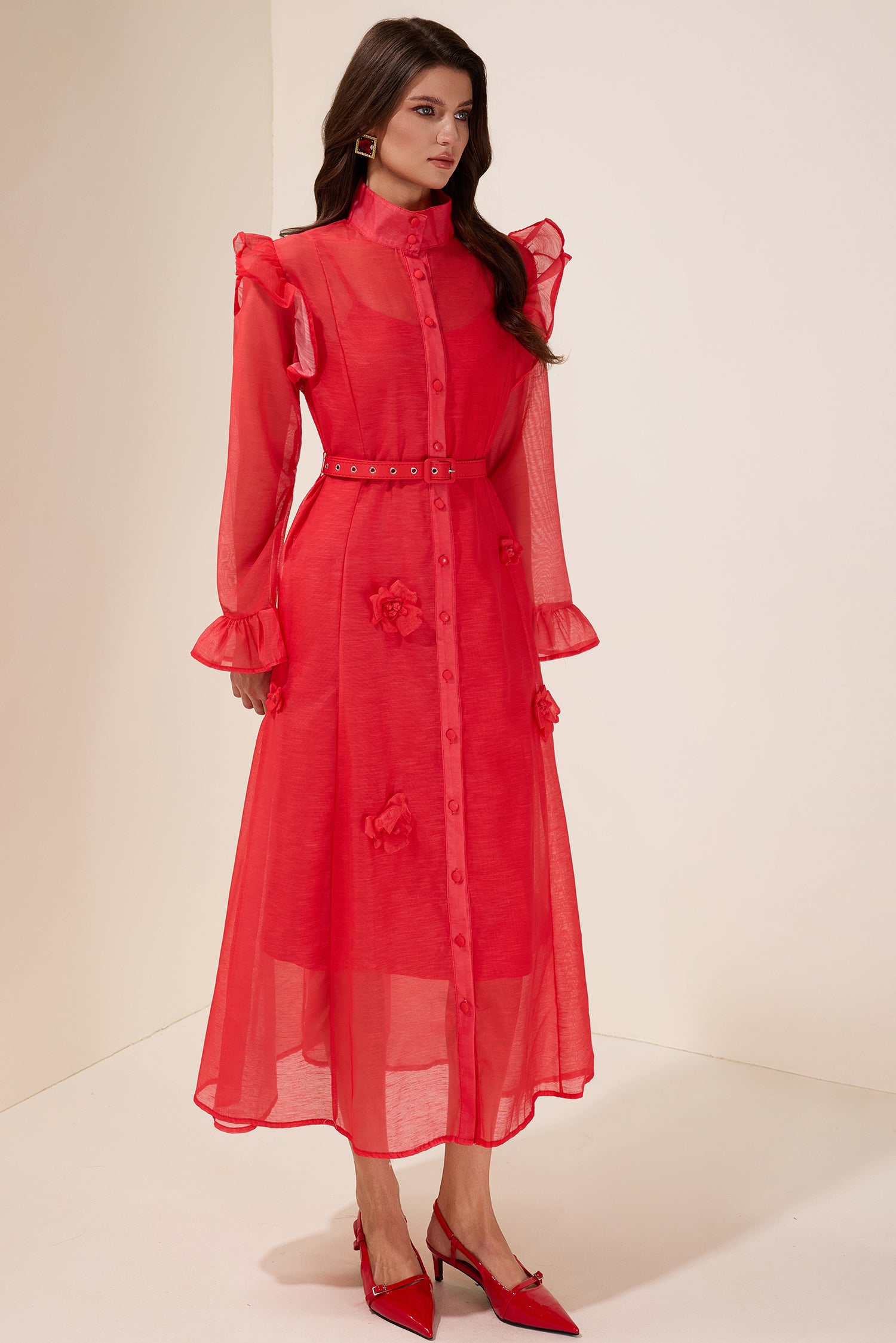 Solid 3D Floral Frill Midi Dress