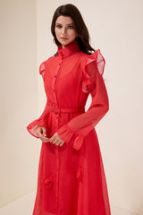 Solid 3D Floral Frill Midi Dress