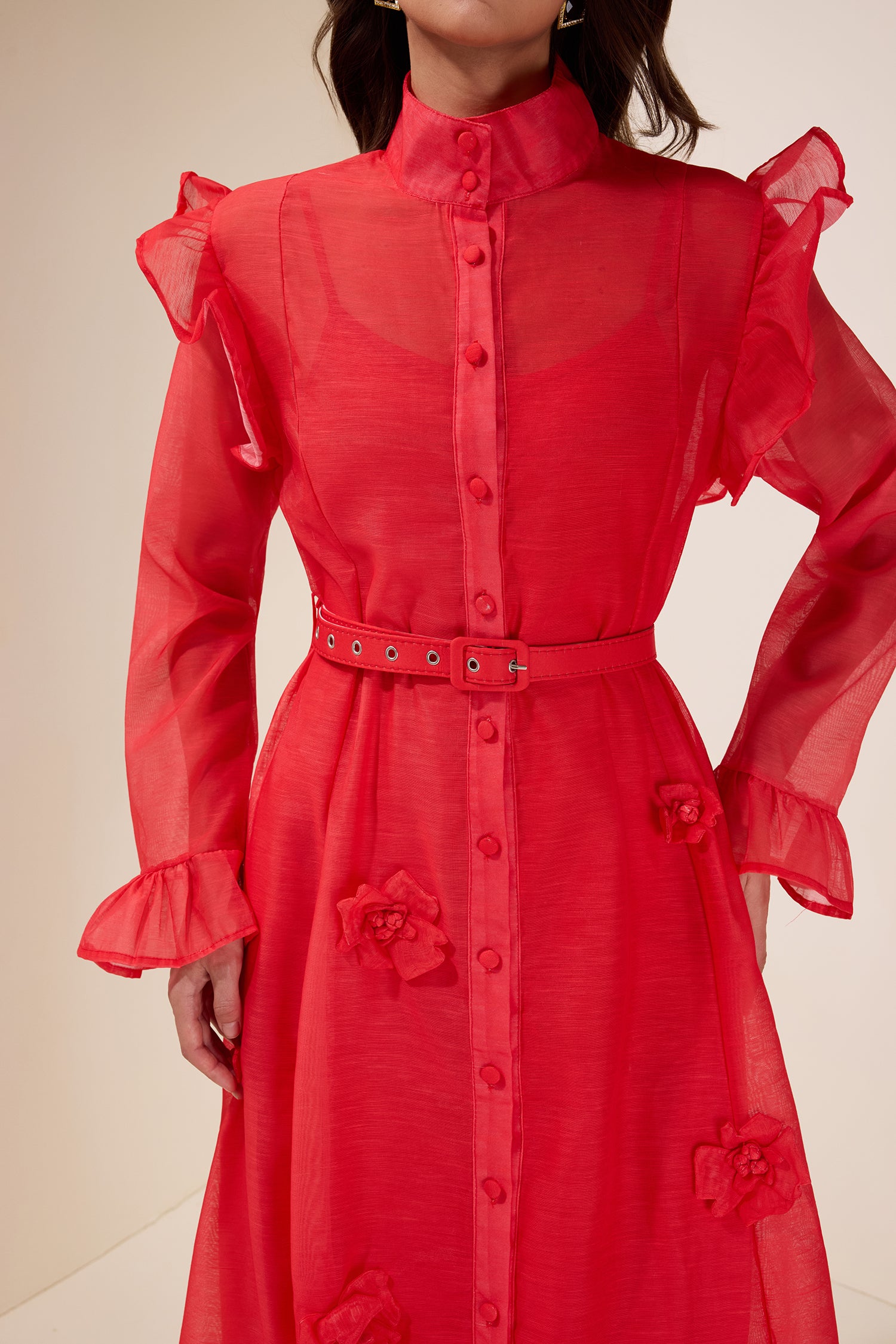 Solid 3D Floral Frill Midi Dress