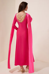Faux Pearl Slit Long Sleeve Maxi Dress