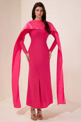 Faux Pearl Slit Long Sleeve Maxi Dress