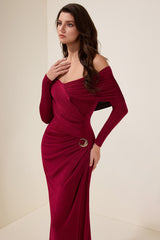 Solid Gathering Long Sleeve Maxi Dress