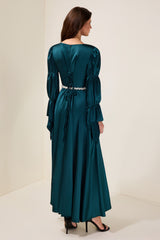 Satin Faux Pearl Round Neck Maxi Dress