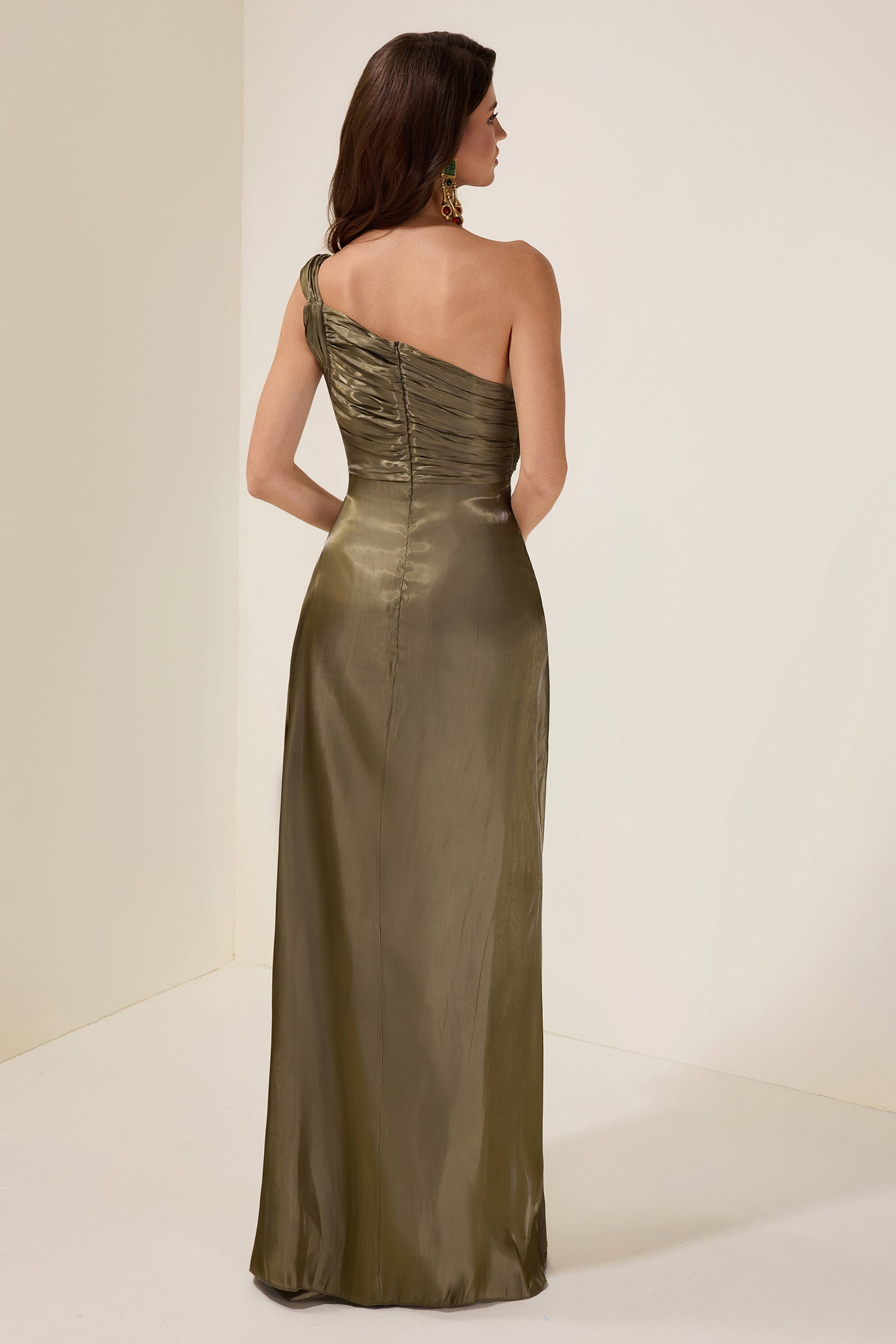 Solid Gathering Skew Collar Maxi Dress
