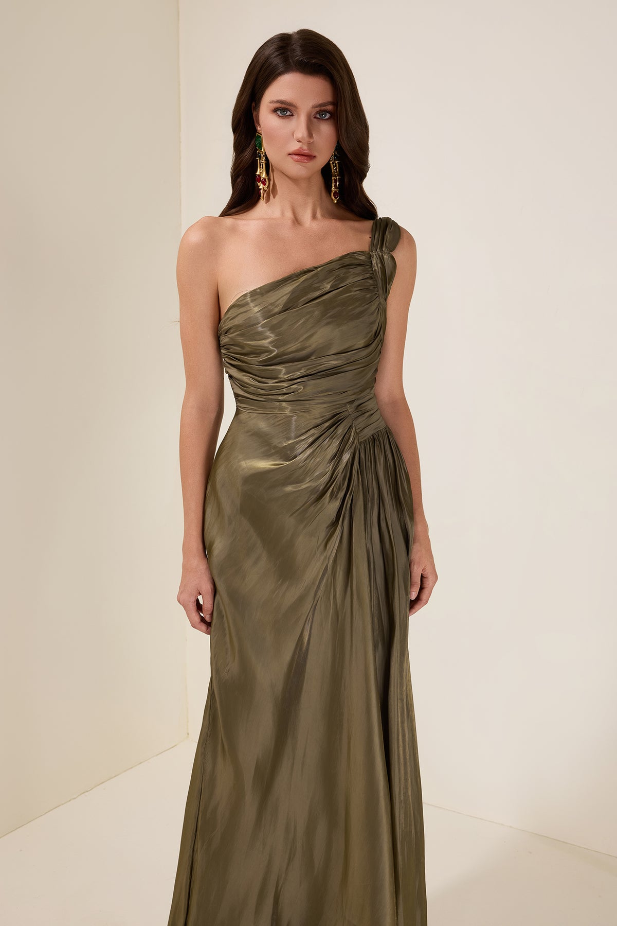 Solid Gathering Skew Collar Maxi Dress
