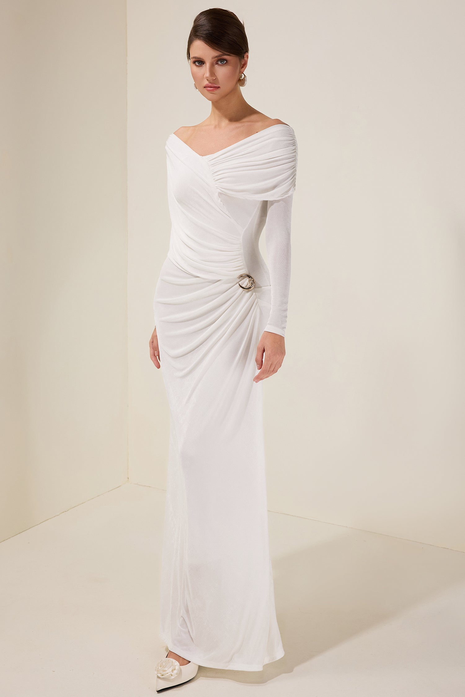 Solid Gathering Long Sleeve Maxi Dress