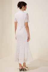 Lace See-Through Faux Pearl Midi Dress