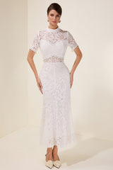 Lace See-Through Faux Pearl Midi Dress