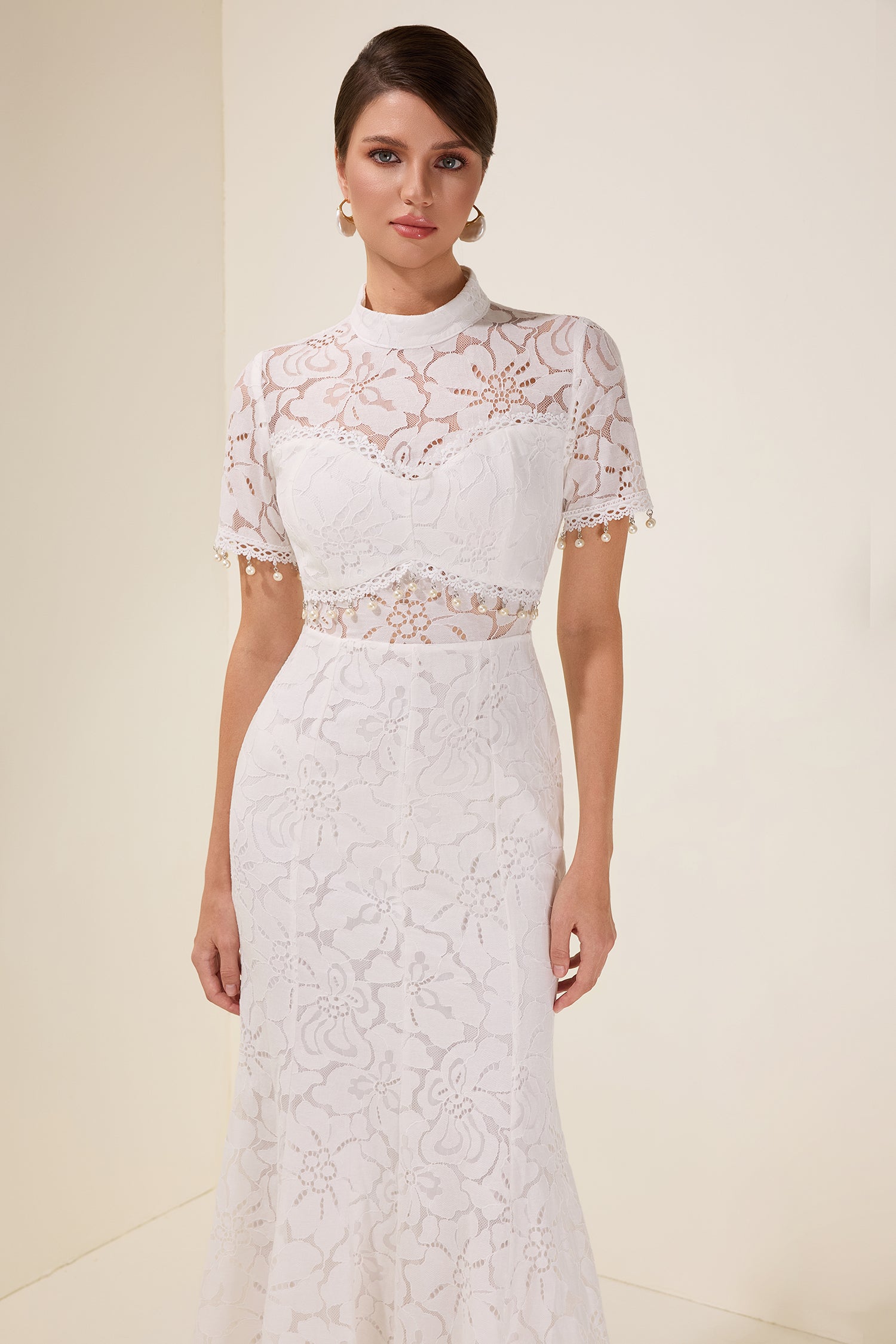 Lace See-Through Faux Pearl Midi Dress