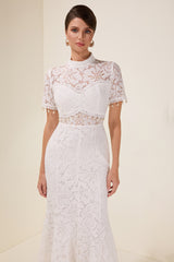 Lace See-Through Faux Pearl Midi Dress