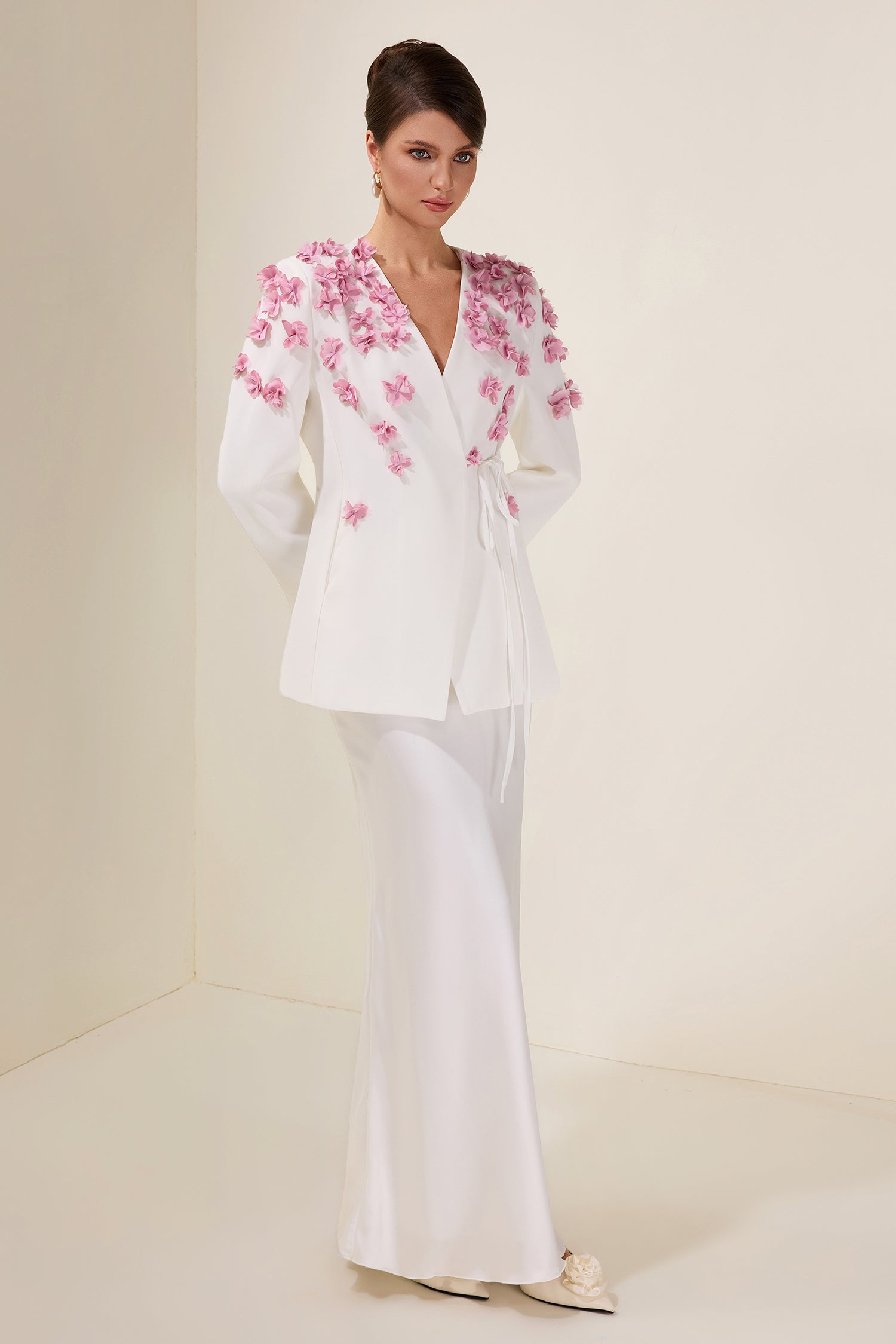 3D Flower Lace-Up Long Sleeve Coat
