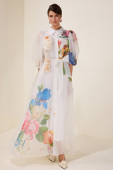 3D Flower Puff Sleeve Single Breasted Midi Dress