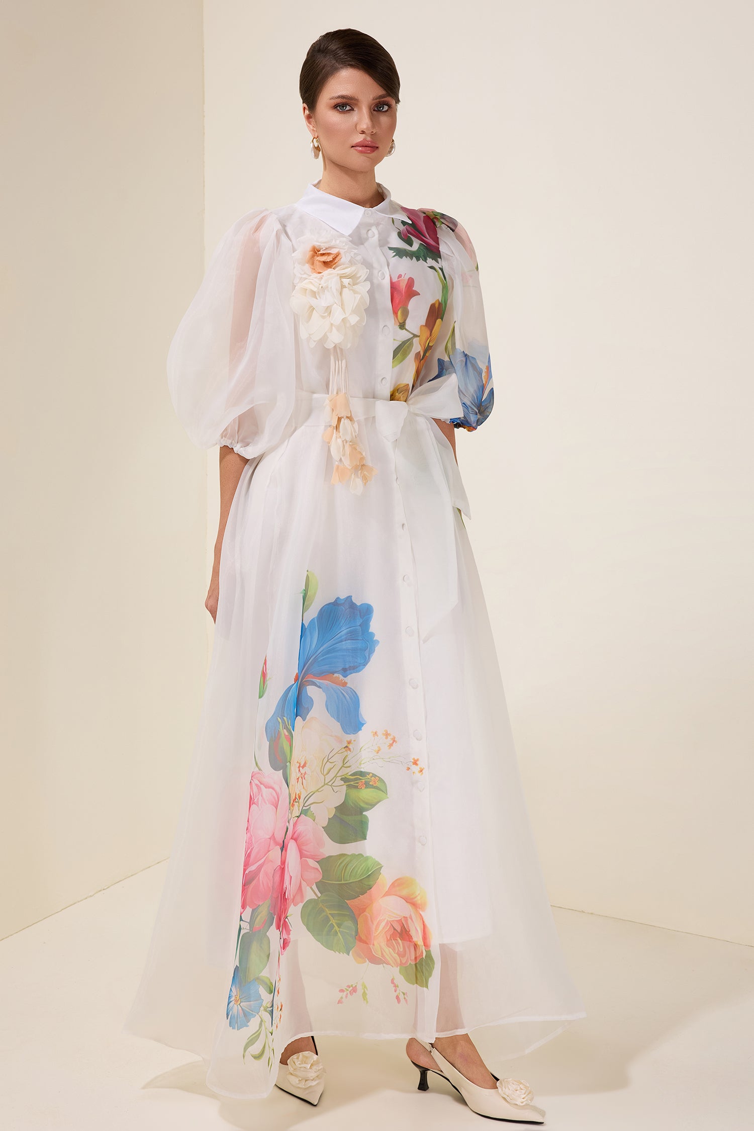 3D Flower Puff Sleeve Single Breasted Midi Dress