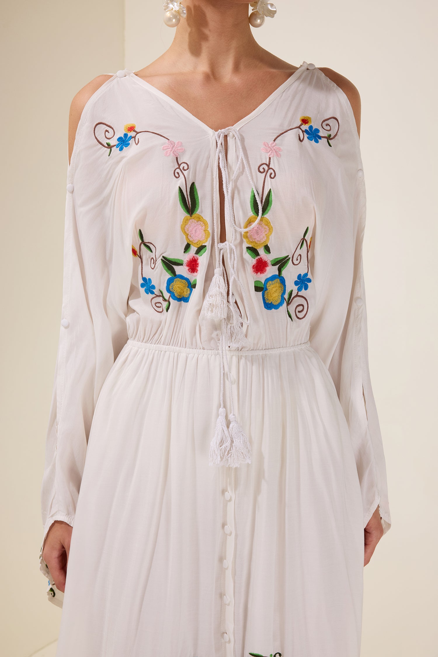 Embroidered Floral Tie-Up Midi Dress