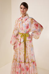 Floral Flapped Lantern Sleeve Midi Dress