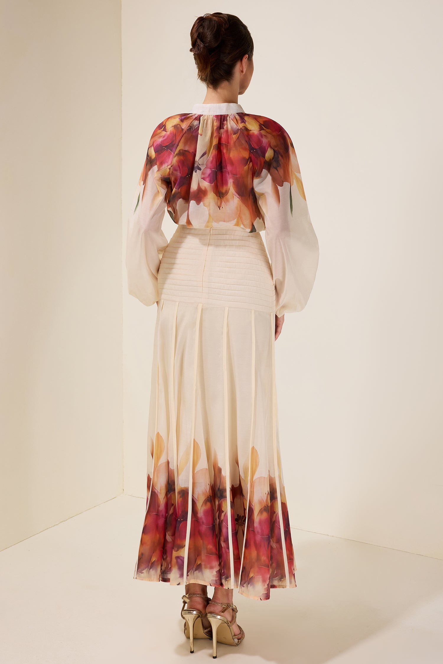 Floral Lace-Up Top & Pleated Midi Skirt Set