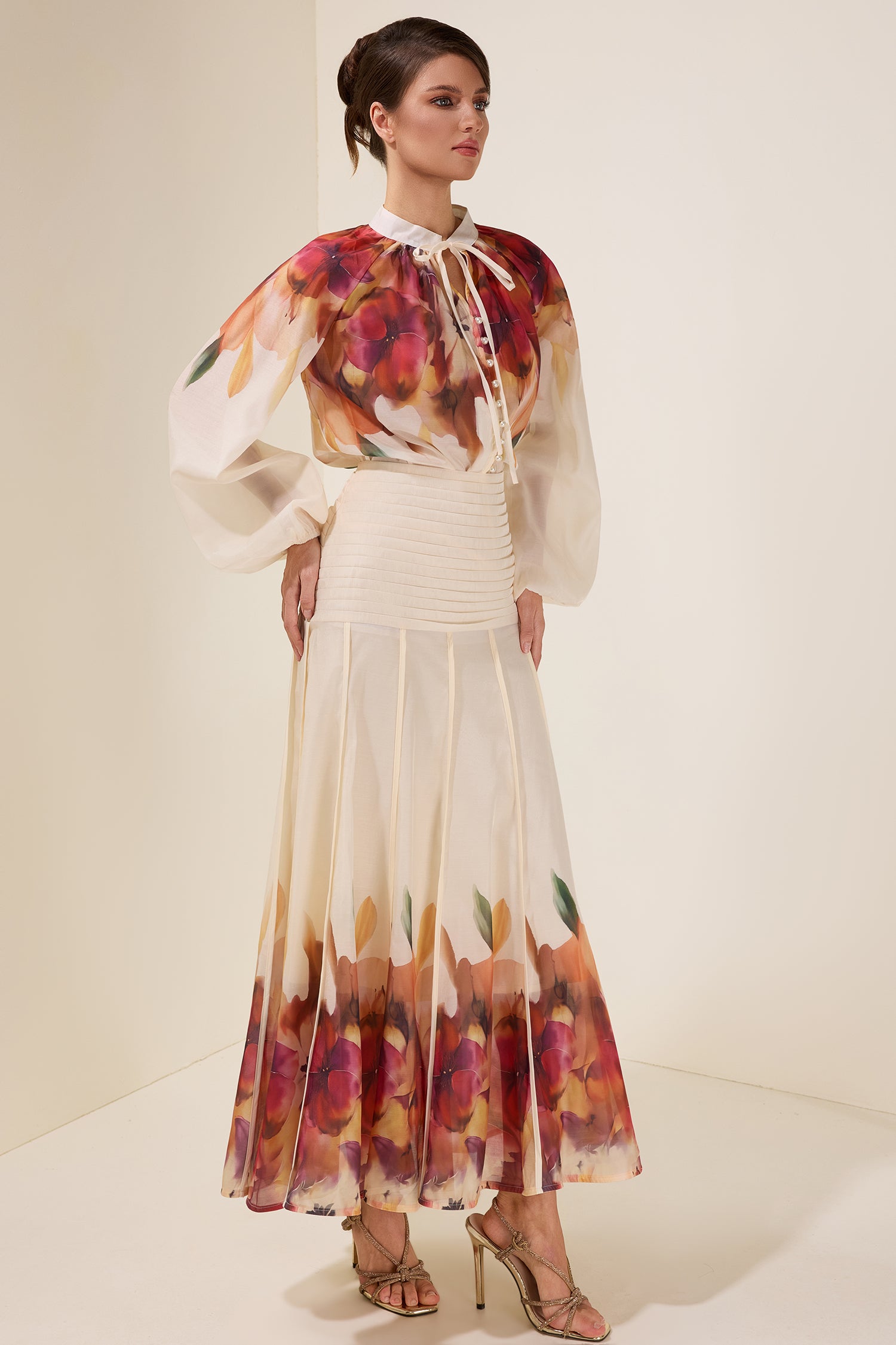 Floral Lace-Up Top & Pleated Midi Skirt Set