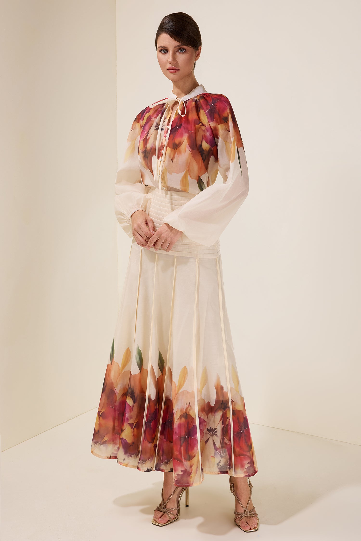 Floral Lace-Up Top & Pleated Midi Skirt Set