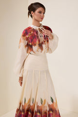 Floral Lace-Up Top & Pleated Midi Skirt Set