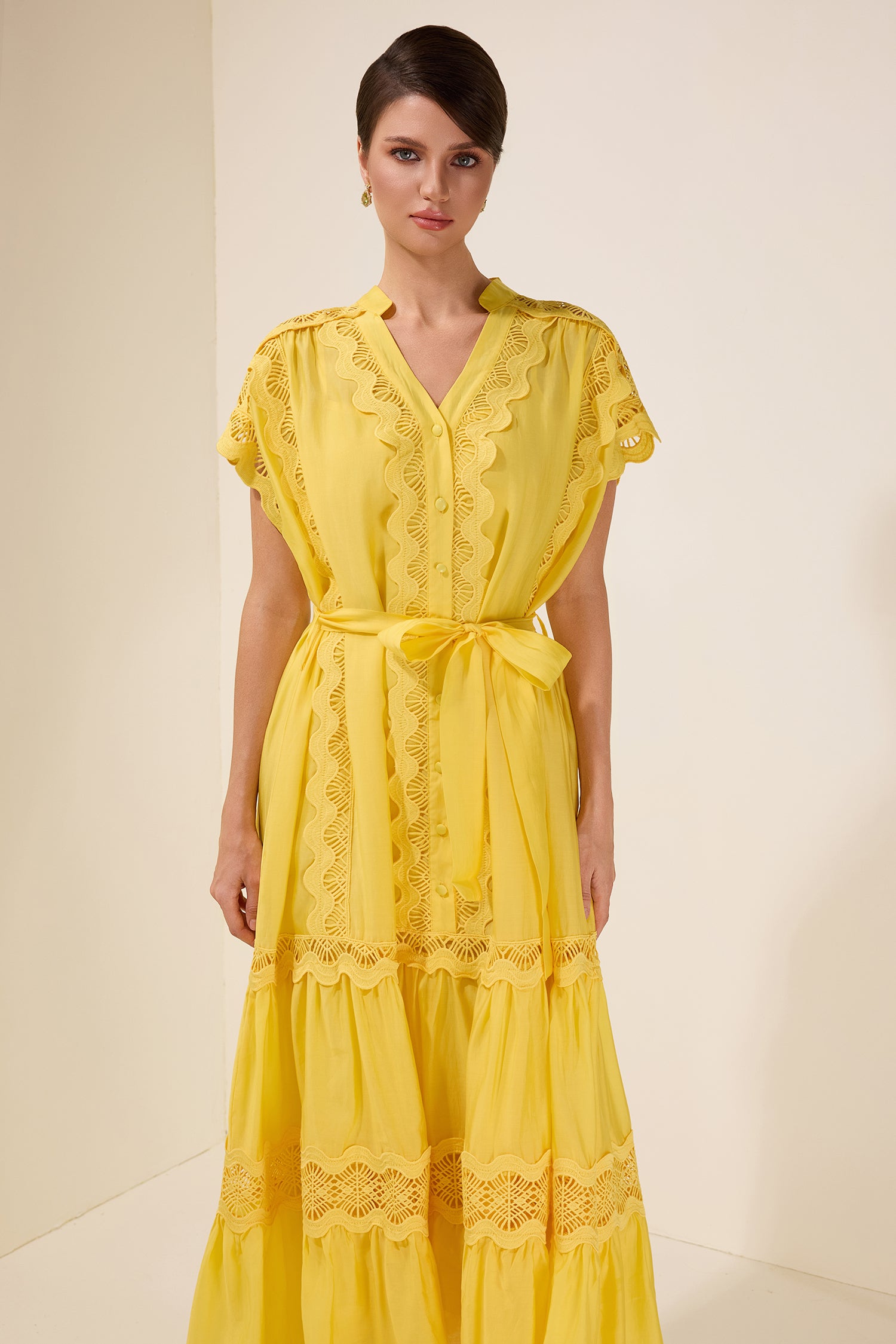 Lace Splicing Single Breasted Midi Dress With Belt