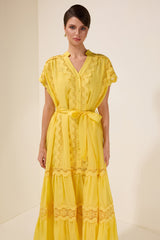 Lace Splicing Single Breasted Midi Dress With Belt