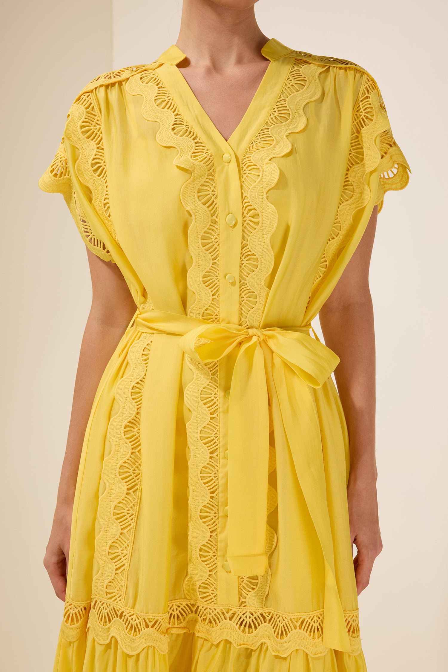 Lace Splicing Single Breasted Midi Dress With Belt