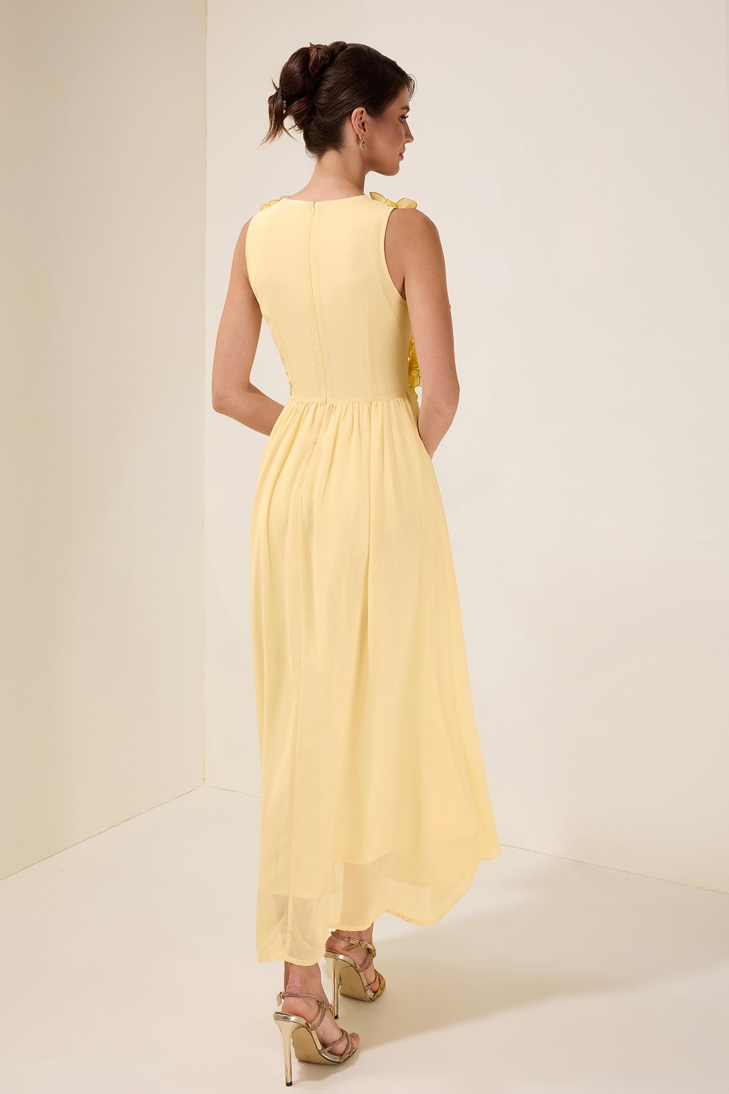 3D Flower Chiffon Sleeveless Midi Dress