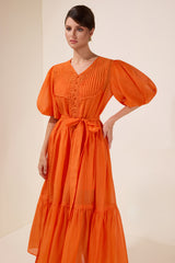 Solid Puff Sleeve Single Breasted Midi Dress With Belt