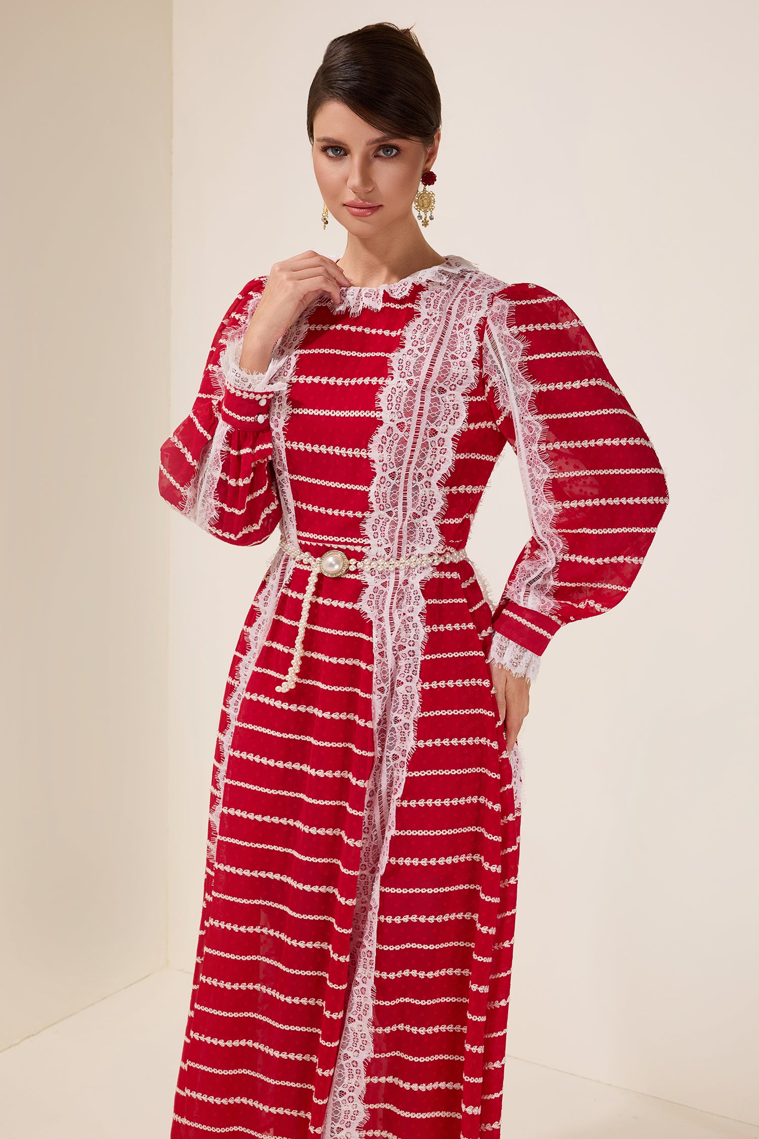 Lace Splicing Embroidered Long Sleeve Maxi Dress With Belt