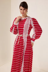 Lace Splicing Embroidered Long Sleeve Maxi Dress With Belt