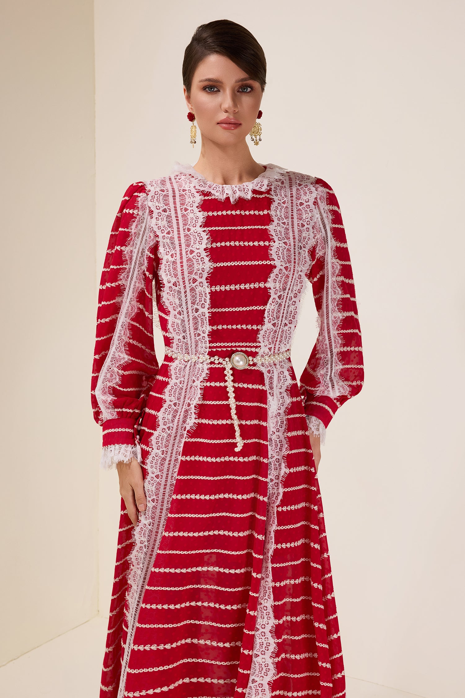Lace Splicing Embroidered Long Sleeve Maxi Dress With Belt
