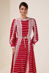 Lace Splicing Embroidered Long Sleeve Maxi Dress With Belt