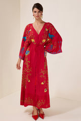 Embroidered V-Neck Single Breasted Maxi Dress With Belt
