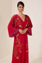 Embroidered V-Neck Single Breasted Maxi Dress With Belt