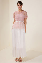 Lace Splicing Pleated Midi Dress With Belt
