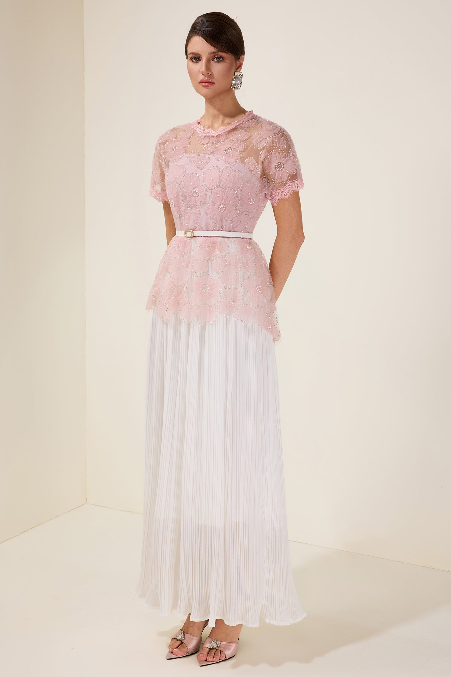 Lace Splicing Pleated Midi Dress With Belt