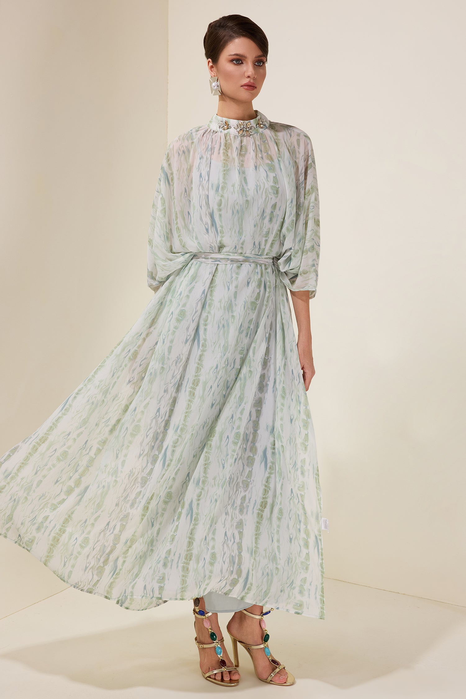 Rhinestone Batwing Sleeve Maxi Dress With Belt