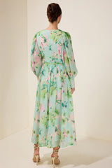 Floral V-Neck Lantern Sleeve Maxi Dress