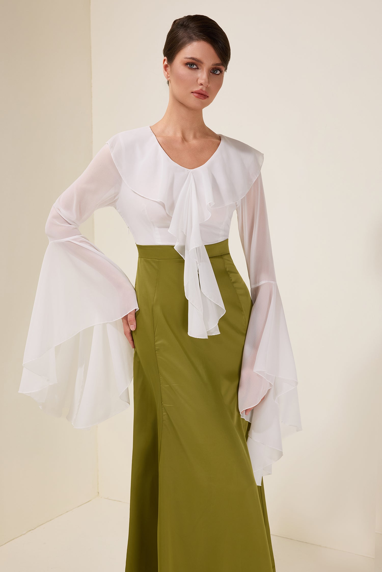 Chiffon Splicing Satin Ruffle Midi Dress
