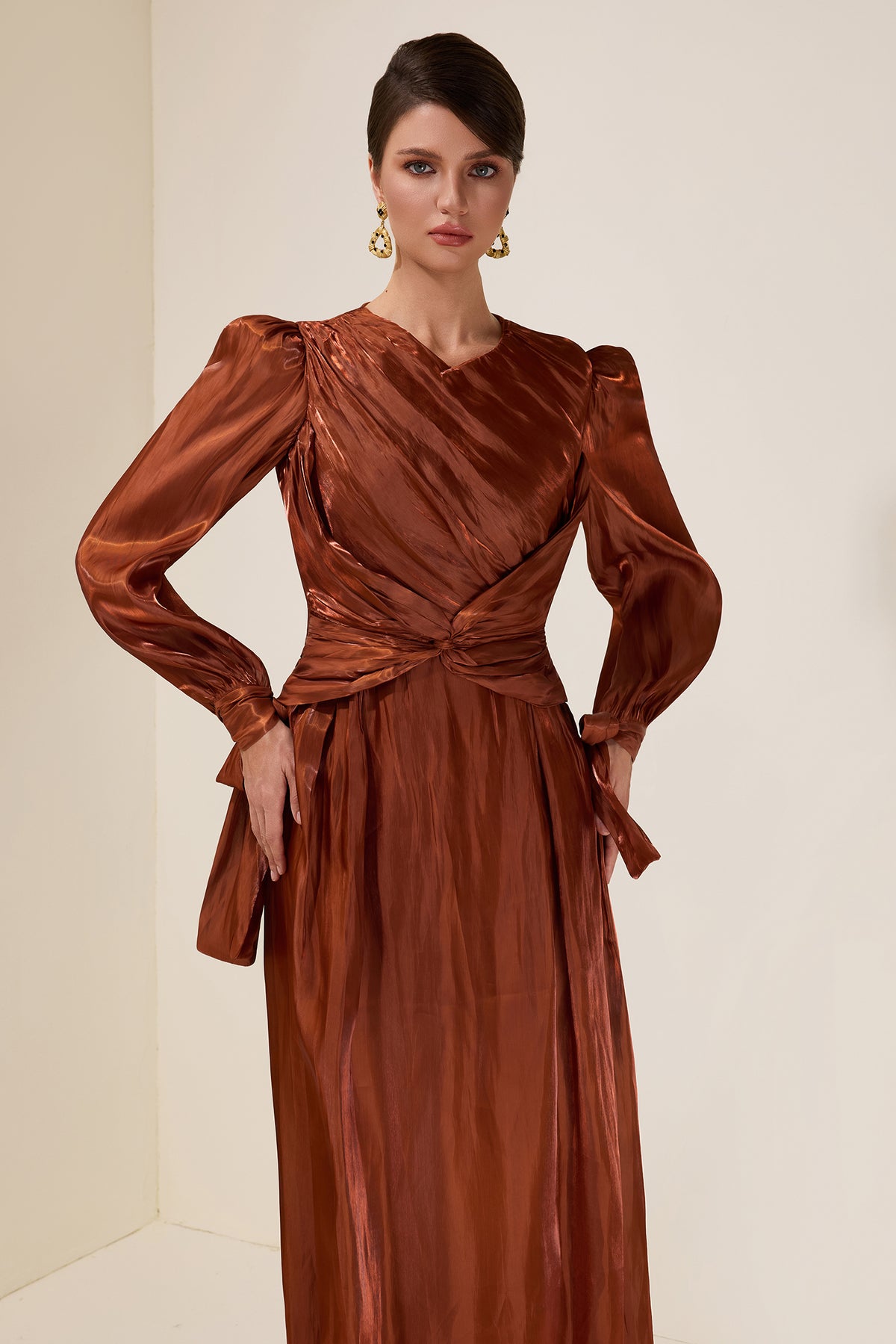 Satin Gathering Knotted Midi Dress