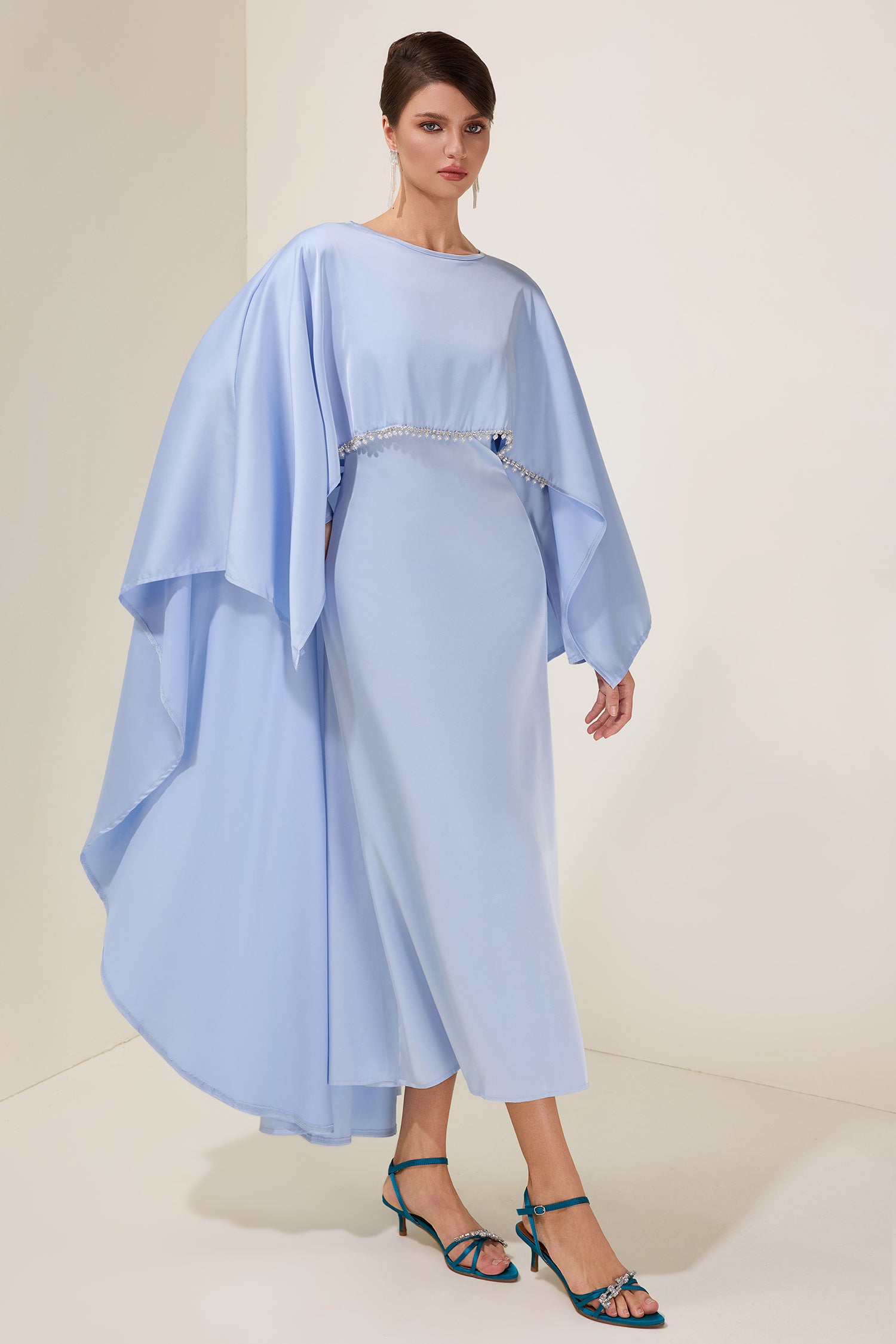 Satin Faux Pearl Cape Sleeve Midi Dress