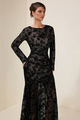 Lace Round Neck Gathering Midi Dress