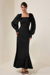 3D Flower Square Collar Lantern Sleeve Maxi Dress