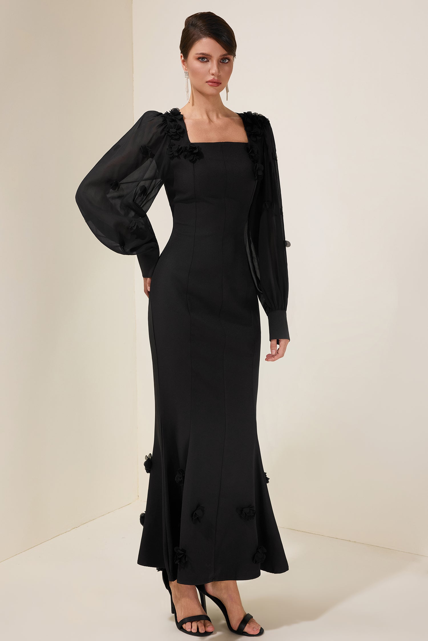 3D Flower Square Collar Lantern Sleeve Maxi Dress